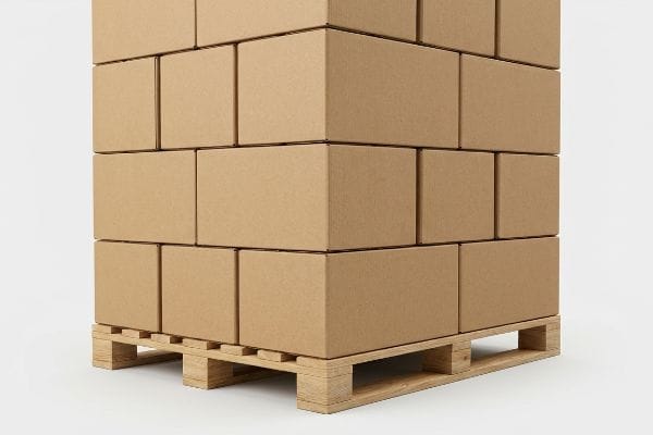 Brown corrugated cardboard master cartons stacked precisely on a wooden shipping pallet, ready for global transit logistics.