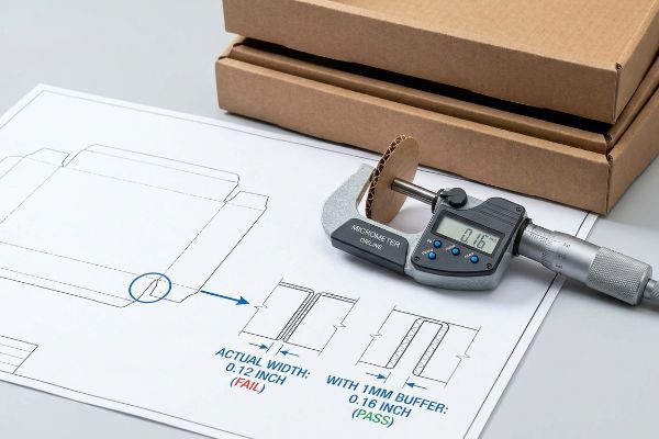 Corrugated cardboard thickness measured at 0.16 inch by a Micrometer Driline, demonstrating 1mm buffer for slot width.