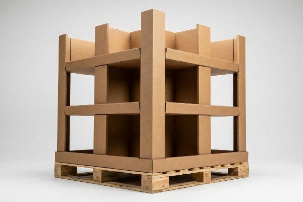 An empty corrugated cardboard butterfly display, a robust retail merchandiser, sits on a standard wooden pallet for club stores.