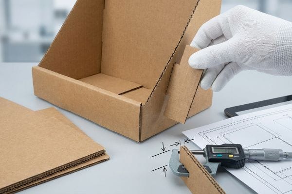 Brown corrugated cardboard display assembly, with a hand inserting interlocking tabs and a digital micrometer measuring board thickness for caliper compensation.