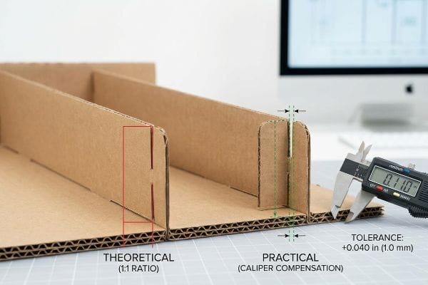 Corrugated cardboard display illustrating Theoretical 1:1 slot vs. Practical Caliper Compensation, with a digital caliper measuring 0.110 inches and a +0.040 inch tolerance.