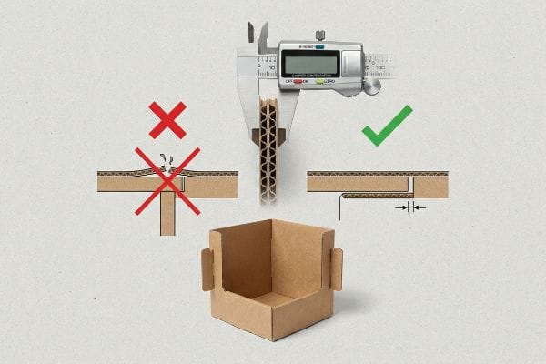 Digital caliper measures corrugated cardboard thickness, showing correct bend allowance for display stand interlocking joints, preventing material tearing.