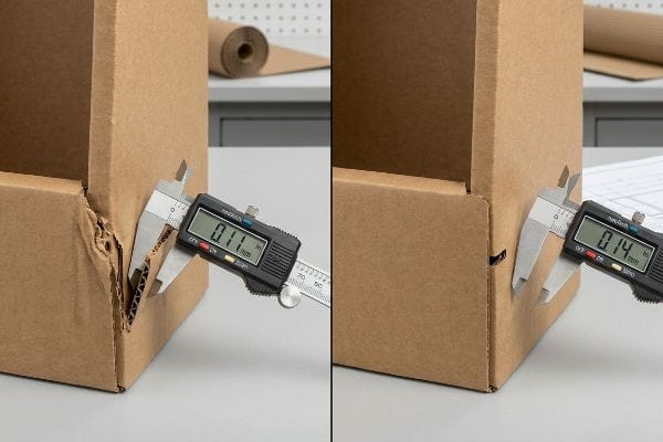 Corrugated cardboard thickness measured by digital calipers, showing 0.11 in on a crushed flap and 0.14 in on an intact one, illustrating material caliper.
