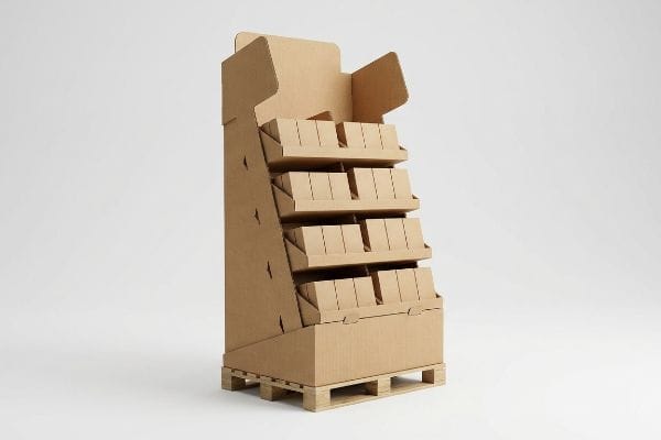 Natural brown corrugated cardboard point of purchase display with four angled shelves, designed for retail, resting on a wooden pallet.