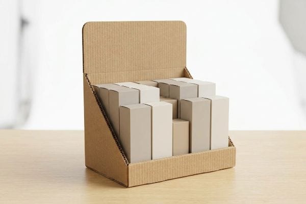 A retail display made of corrugated cardboard holds multiple plain light-colored product boxes, arranged in a stepped design on a wooden surface.