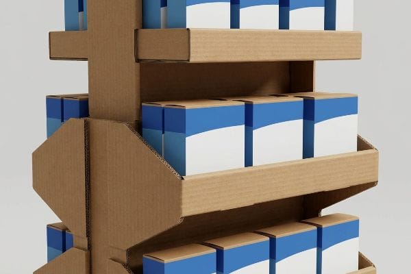 Corrugated cardboard retail display with multiple shelves, showcasing blue and white CPG product boxes and structural design.