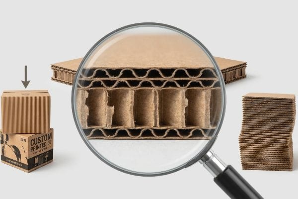 Multi-layered corrugated cardboard flutes magnified, showcasing structural rigidity, crush resistance, and a Custom Printed box L066.