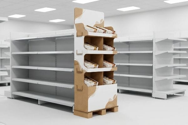 Retail aisle features a corrugated cardboard FSDU with four tiers of product boxes, flanked by empty white shelves.