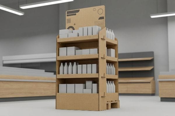 A modern retail store aisle features a multi-tiered corrugated cardboard FSDU filled with generic white product boxes and bottles.