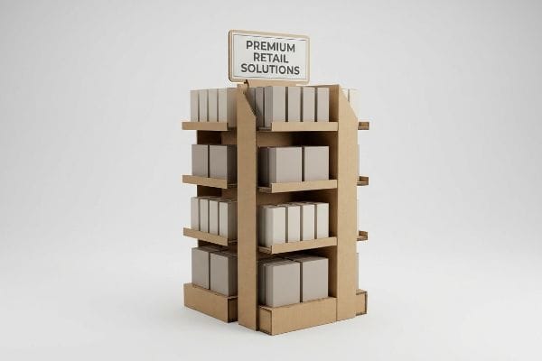 A sturdy corrugated cardboard PDQ endcap display featuring multiple shelves filled with plain boxes, topped with a sign reading 'Premium Retail Solutions'.