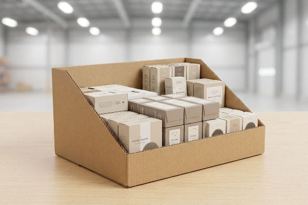 Brown corrugated cardboard PDQ display unit with tiered shelves holding numerous small product boxes, including Savoir Touch and White Letters.