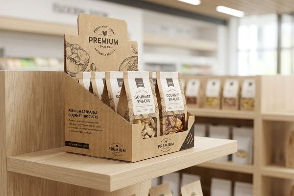 Corrugated cardboard display stand features Premium Artisanal Gourmet Snacks in kraft paper pouches, optimizing product visibility for impulse purchases.
