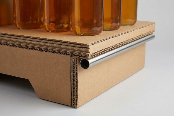 Corrugated cardboard retail display shelf with amber liquid bottles, showcasing a hidden steel tubing support bar for structural integrity.