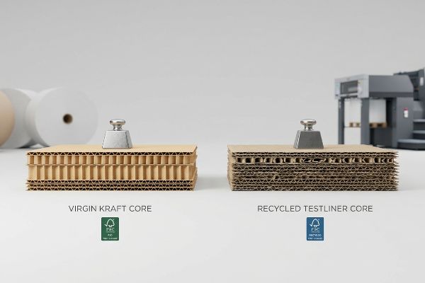 Virgin Kraft Core (FSC green) and Recycled Testliner Core (FSC blue) corrugated boards with weights, comparing their compression strength.