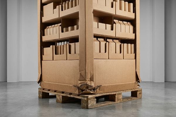 Brown corrugated display pallet on wooden base, showing a crushed bottom corner from unsupported overhang, indicating transit damage.