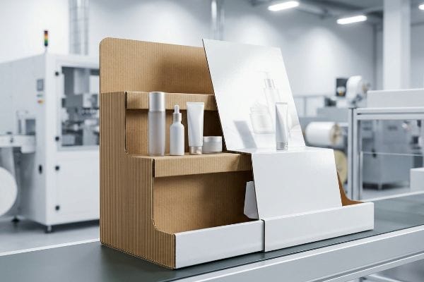 A manufacturing line showcases a corrugated cardboard cosmetic display stand with white paperboard accents, holding various unbranded beauty products.