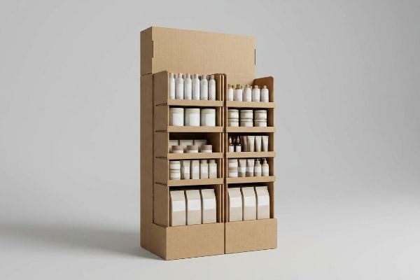 Showcasing a custom corrugated cardboard retail display stand filled with various white and beige cosmetic and personal care products on multiple shelves.
