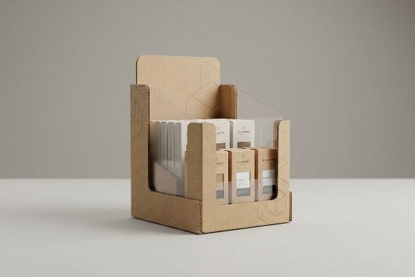 Corrugated cardboard counter display with clear divider, holding kraft and white CURTIS TEA boxes, featuring a geometric pattern.