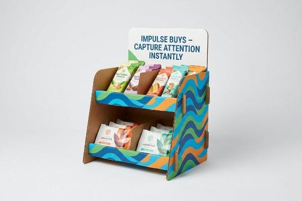 A vibrant two-tiered corrugated cardboard counter display box featuring Natural Snack bars and Cosmetics pouches, with a header card reading Impulse Buys - Capture Attention Instantly.