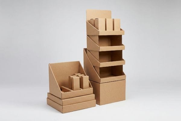 Two brown corrugated cardboard display boxes, one countertop and one multi-tiered floor POP unit, showcasing retail products.