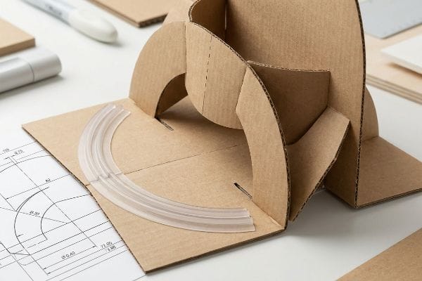 Curved corrugated board display prototype with die-cut architectural shapes, resting on a technical blueprint with a clear creasing matrix guide.