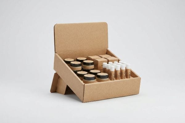 Brown corrugated cardboard countertop display unit filled with small jars and lip balm tubes for retail checkout.