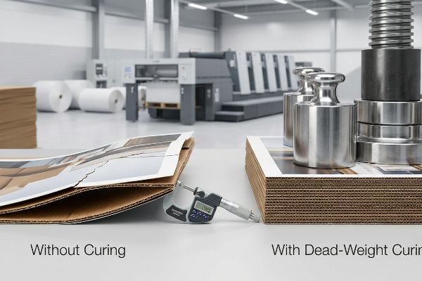 Digital micrometer measures warped corrugated board Without Curing against flat board With Dead-Weight Curing, highlighting litho-lamination process.