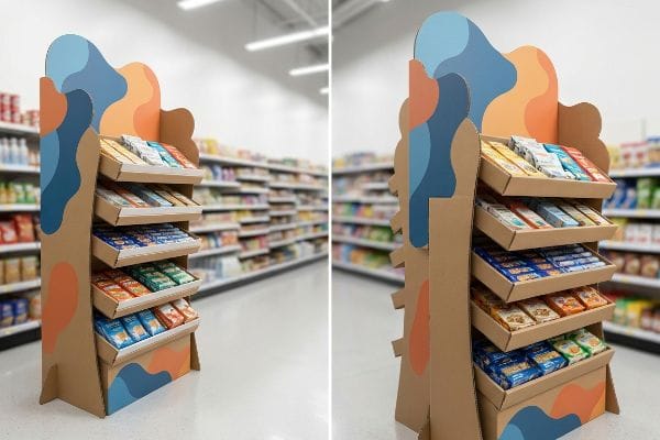 Corrugated cardboard end of aisle display with curvy die-cut panels and angled shelves showcasing various packaged snacks in a supermarket.