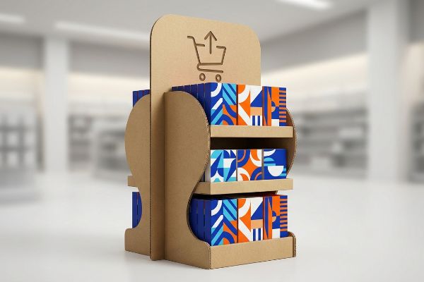 Corrugated cardboard display stand with geometric patterned boxes and a die-cut shopping cart icon.