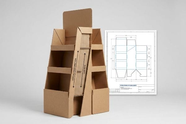 Corrugated cardboard display stand with vertical grain direction and load path arrows, alongside a Structural Dieline Audit blueprint.