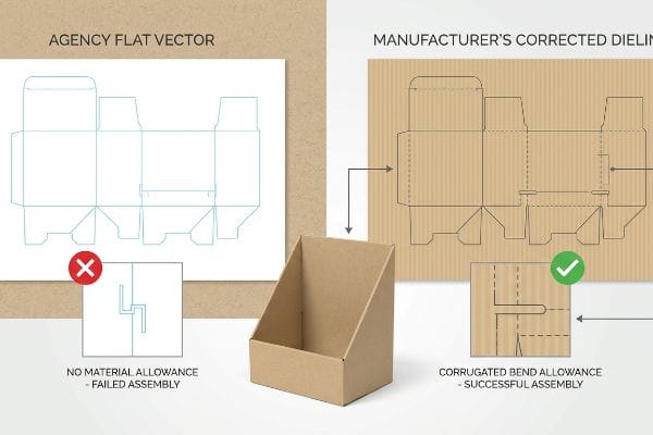 Corrugated cardboard dieline comparison shows Agency Flat Vector (No Material Allowance, Failed Assembly) versus Manufacturer's Corrected Dieline (Corrugated Bend Allowance, Successful Assembly).