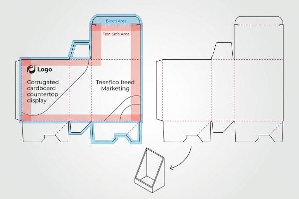 Corrugated cardboard countertop display dieline, detailing 'Bleed Area', 'Text Safe Area', 'Tnsnfico Beed Marketing', and assembled 3D view.