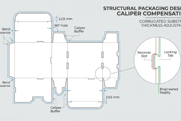 Caliper Compensation dieline for corrugated packaging, detailing 2.03 mm thickness, Bend Allowance, Receiver Slot, and Locking Tab.