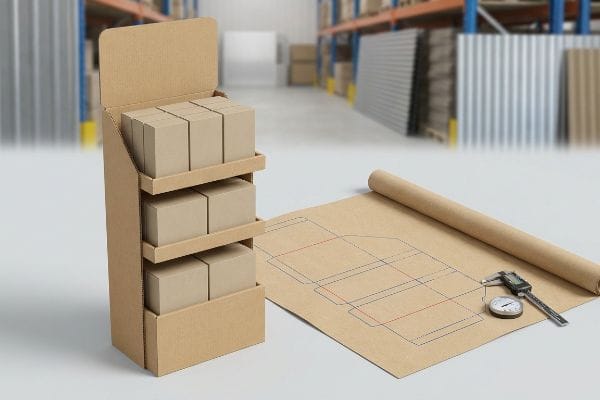Brown corrugated POP display with boxes, alongside a dieline blueprint on kraft paper, a digital caliper, and a thickness gauge for precise packaging.
