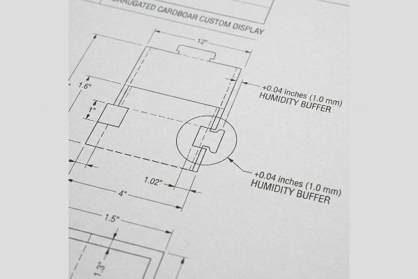 Technical drawing of a corrugated cardboard custom display, detailing a 0.04 inches (1.0 mm) Humidity Buffer for interlocking slots.