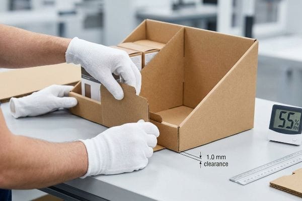 Brown corrugated cardboard retail display assembly with gloved hands, showing 1.0 mm clearance and a hygrometer at 55% RH.
