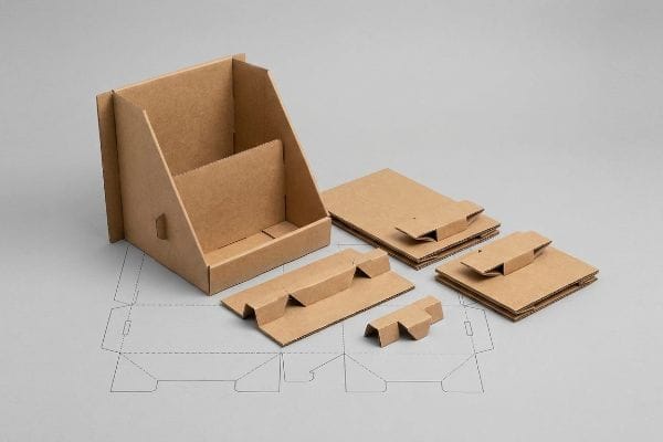 Brown corrugated cardboard display stand with interlocking paper locks, alongside flat-packed components and a dieline.