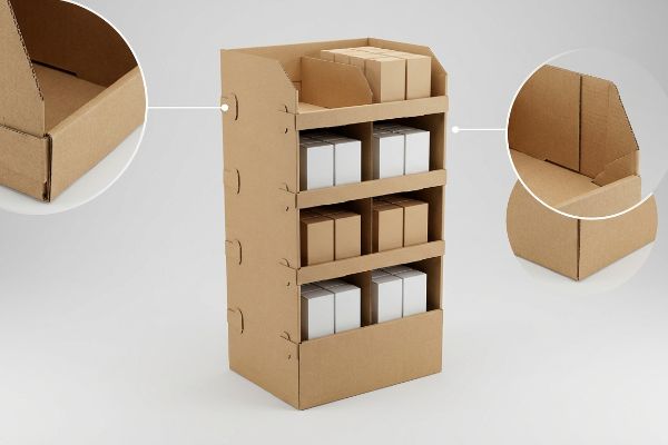 Displaying various small boxes, this corrugated cardboard PDQ endcap features four shelves, with close-ups showing its structural integrity and assembly.