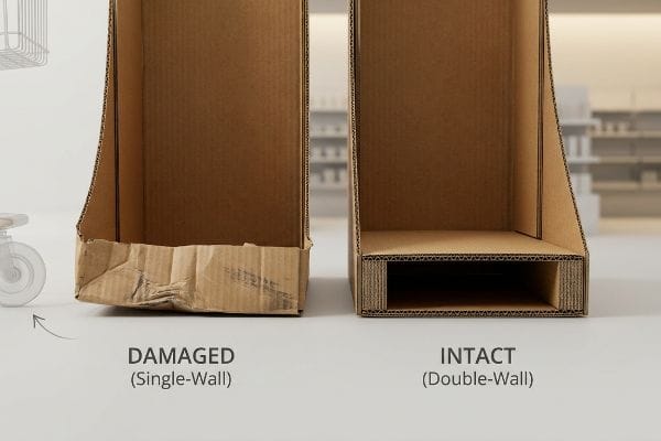 Brown corrugated cardboard display bases: a Damaged Single-Wall unit next to an Intact Double-Wall unit, illustrating durability.