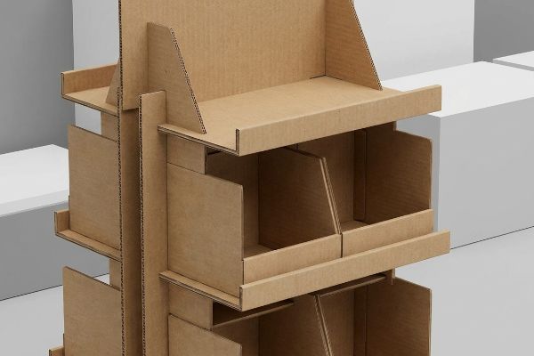 A multi-tiered corrugated cardboard display stand features natural brown shelves and bins, designed for retail merchandising.