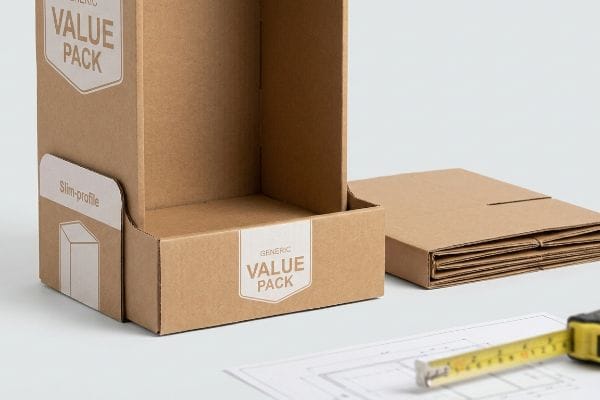 Brown corrugated cardboard display with 'Generic Value Pack' and 'Slim-profile' labels, alongside flat-packed boxes, a blueprint, and a yellow measuring tape.