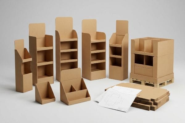 Corrugated cardboard retail displays: freestanding floor units, countertop units, a pallet merchandiser on a wooden pallet, and flatpack components with blueprints.