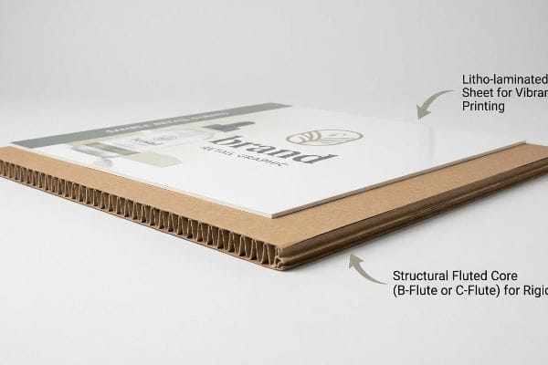 Litho-laminated sheet for vibrant printing layered on a structural B-flute or C-flute corrugated core, featuring a 'brand' retail graphic.