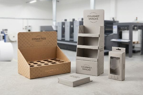 Corrugated cardboard display boxes for Cosmetics and Gourmet Snacks, including counter, floor, and hanging retail packaging.