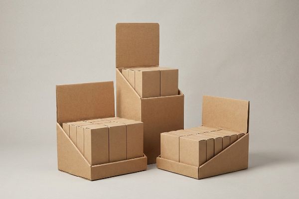 A studio shot features three brown corrugated cardboard retail display boxes, each filled with smaller brown product boxes, showcasing various visual merchandising countertop units.