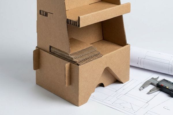 La conception d'un présentoir en carton ondulé, à l'aide d'un pied à coulisse numérique et d'un plan, met l'accent sur la précision de la construction de l'unité de vente au détail.