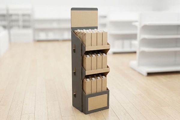A retail store features a dark grey corrugated POP display with three tiers of light brown carton boxes, optimizing product visibility on a wooden floor.