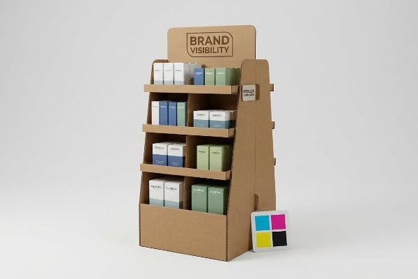 A corrugated cardboard retail display, featuring 'Brand Visibility' header, 'Retailer Compliance' tag, and shelves with white, blue, green product boxes, alongside a CMYK color card.
