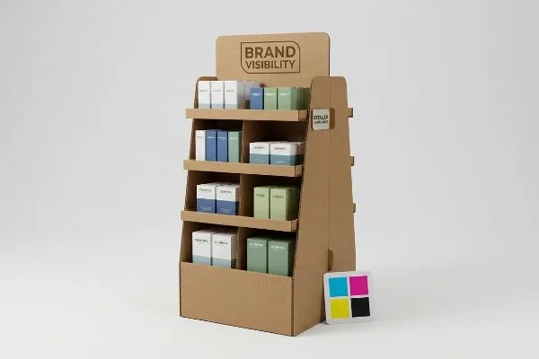 Ein Verkaufsdisplay aus Wellpappe mit der Überschrift „Markenpräsenz“, dem Etikett „Händlerkonformität“ und Regalen mit weißen, blauen und grünen Produktboxen sowie einer CMYK-Farbkarte.