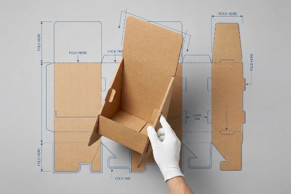 A hand in a white glove assembles a corrugated cardboard display stand, overlaid with its die-cut blueprint showing Fold Here and Lock Tab instructions.